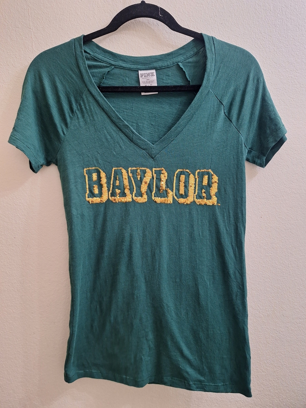 PINK Victoria's Secret Green V-Neck Baylor Graphic Tee, XS